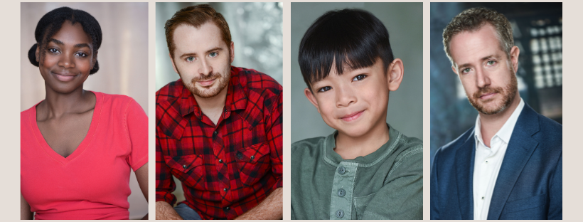 headshots of 4 actors wearing simple wardrobe options. L to R red tshirt, red plaid shirt, green henley shirt, blue suit over white shirt